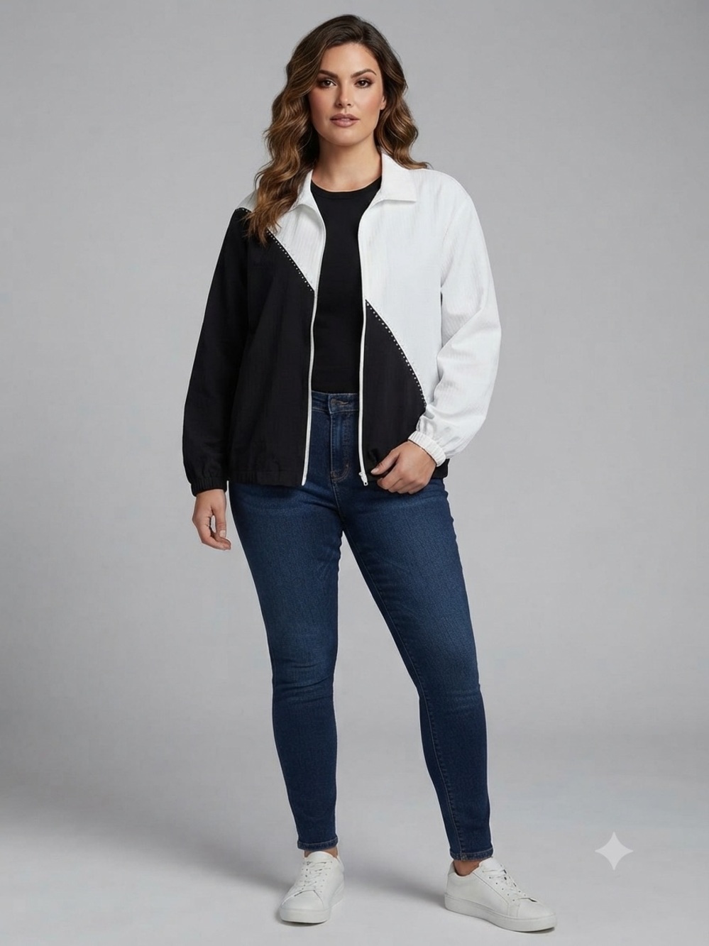 Vintage 90s Colorblock Track Jacket Black White Rhinestone L/XL